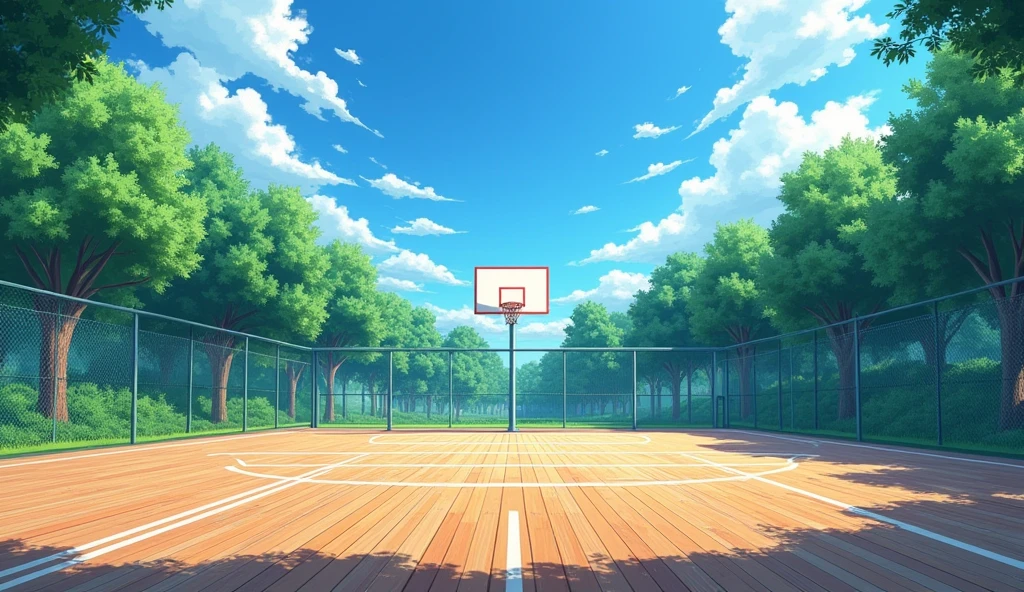 a Japanese outdoor school basketball court. the floor is wooden, the court is empty without any people;  masterpiece, super detailed. image taken from up, anime art