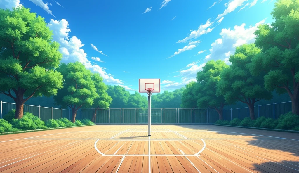 a Japanese outdoor school basketball court. the floor is wooden, the court is empty without any people; masterpiece, super detailed. image taken from up, anime art