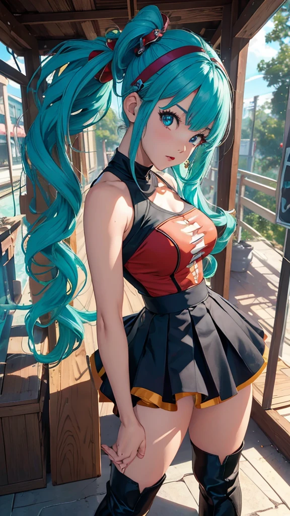 masterpiece, best quality, highres, dragonball, blmmid, aqua Hair, medium hair, with short skirt and boots, hyperrealism, ((desde atras)), ((gluteos redondos levantados medianos)), seductive cosplayer, girl, anime girl in real life , chica sexy, attractive body