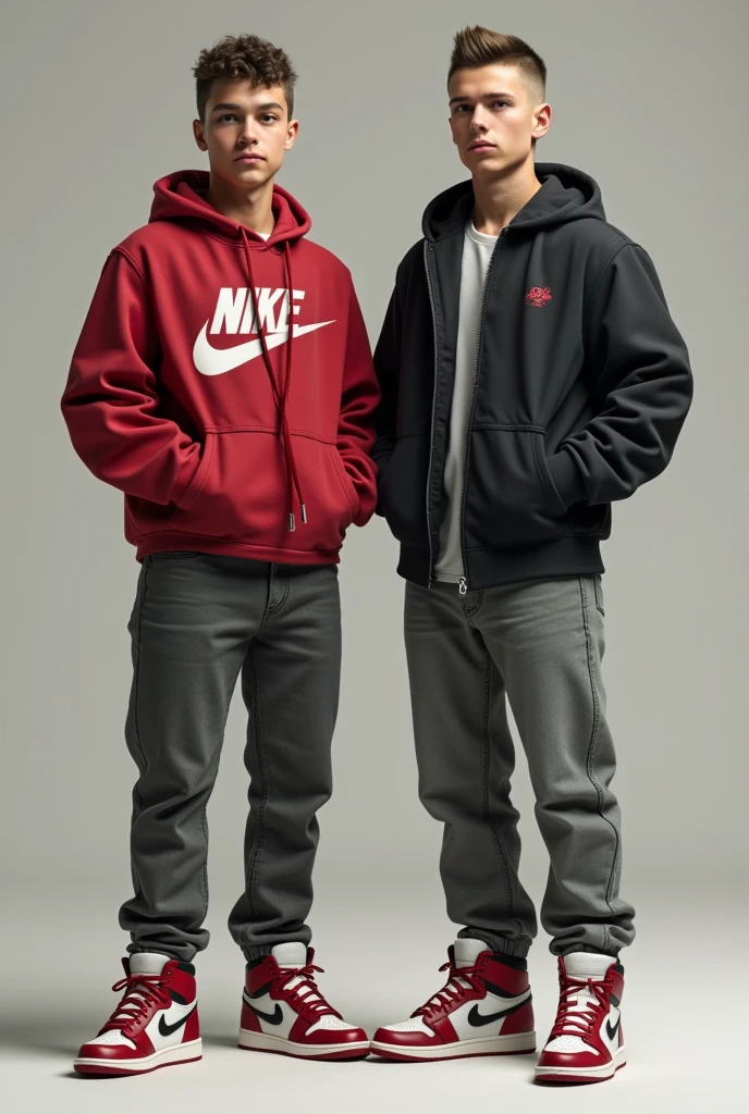(Photorealism:1.2), Two teenage boys between 12 and  both wearing Nike Jordans 1. The Jordans should be seen in the picture, be clearly recognizable and original. Both have their hair styled and the sides at zero. Both boys are German