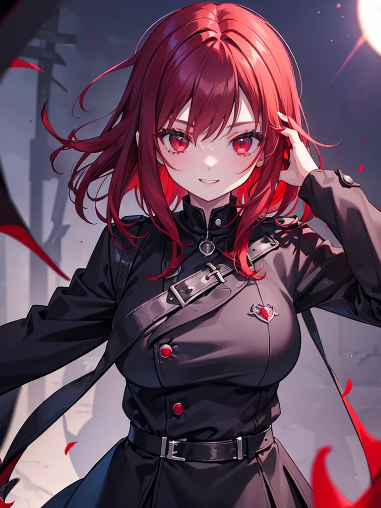 a girl, red eyes, so short red hair not have bangs, noble, mafia. sadistic women, wavy hair. wear black purple winter jacket. strong woman. vampire. smiling arrogant. wavy short hair. sadistic, vampire eyes. sadistic vampire background in the night. blood like a ghost