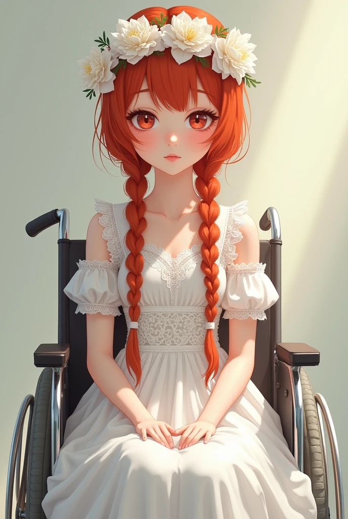 2d drawing of redhead teenager with waist-length braided hair, with white lolita dress with lace. sweet face, red pupils and a crown of white flowers in a wheelchair