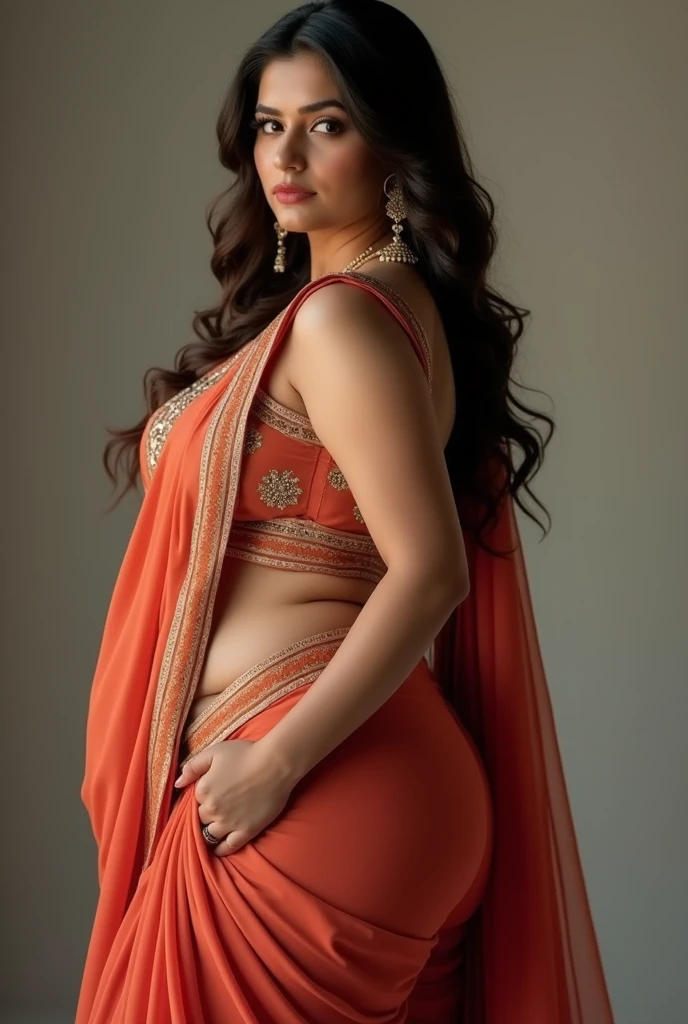 Photo of [mehwish hayat], ((1 girl solo)), (((full body picture))), ((realistic soft lighting)), ((lifelike)), (beautiful face:1.1), detailed eyes, luscious lips, 20 years old,wearing sari, BBW, (sexy attractive figure), (huge boobs)(large boobs), (very low cleavage), (tight abs), (thick hips) 4K, HDR, DSLR photoshoot, professional photography, detailed texture.