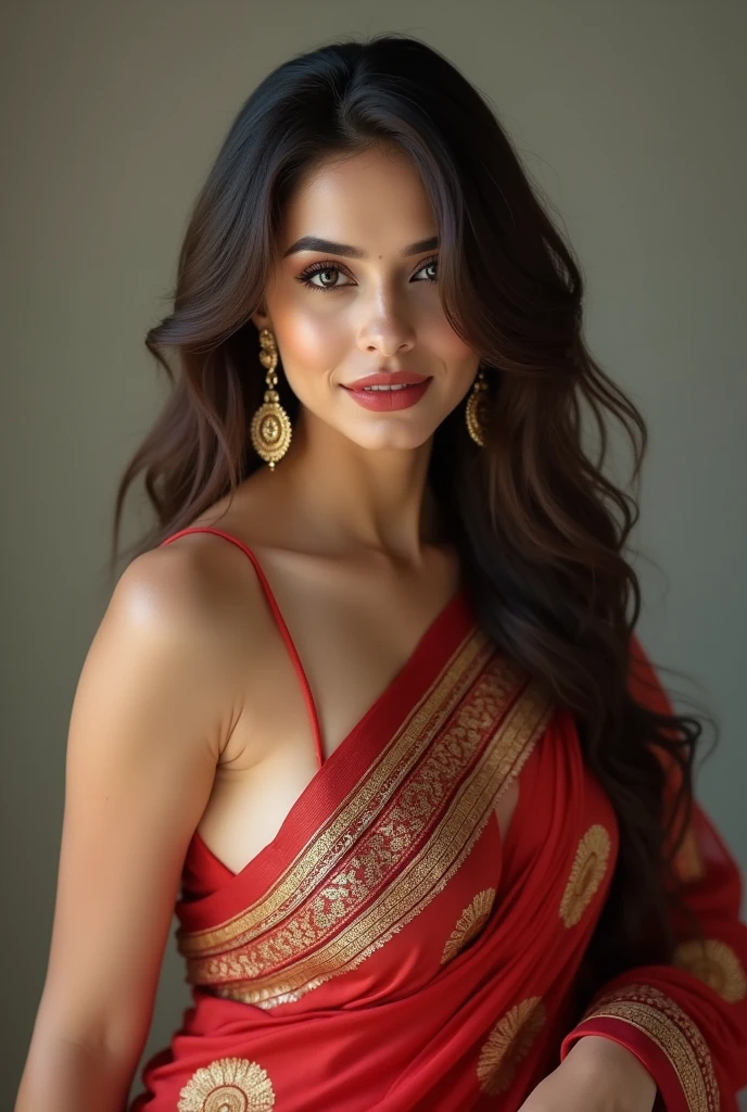 Photo of [mehwish hayat], ((1 girl solo)), (((full body picture))), ((realistic soft lighting)), ((lifelike)), (beautiful face:1.1), detailed eyes, luscious lips, 20 years old,wearing sari, BBW, (sexy attractive figure), (huge boobs)(large boobs), (very low cleavage), (tight abs), (thick hips) 4K, HDR, DSLR photoshoot, professional photography, detailed texture.