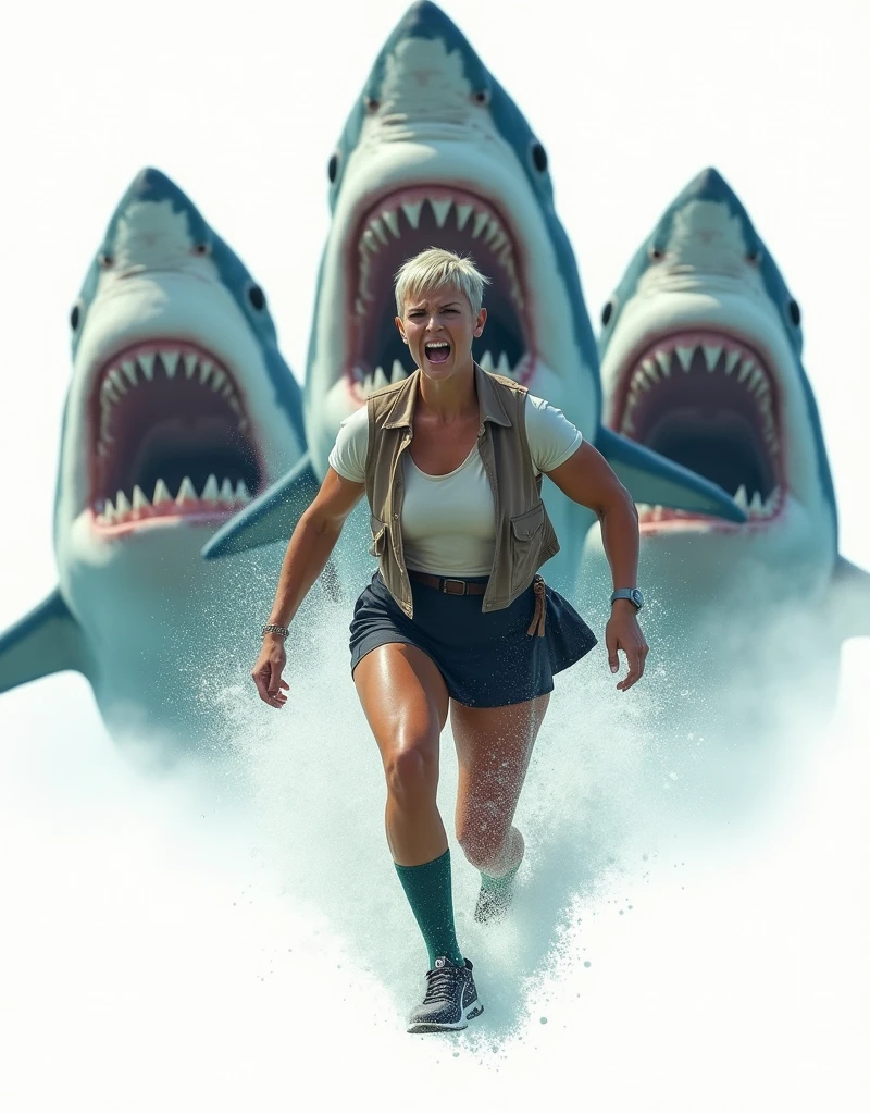 ((Highest quality)), ((photograph)), ((Run and escape)), (One person), (Face of fear), (Women like bodybuilders), (Giant Jaws), Off-white short-sleeved shirt with light brown vest、A muscular man with a bodybuilder-like build wearing a knee-length black skirt, dark green socks and black shoes.々Short-haired woman、A video of a man desperately swimming away from a large number of giant great white sharks.、Background is white、