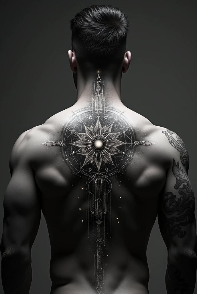 Develop a powerful tattoo that can attract geometrical energy and vibrational energy for men for my back include all the elements and charas in it 
Include the unified field 