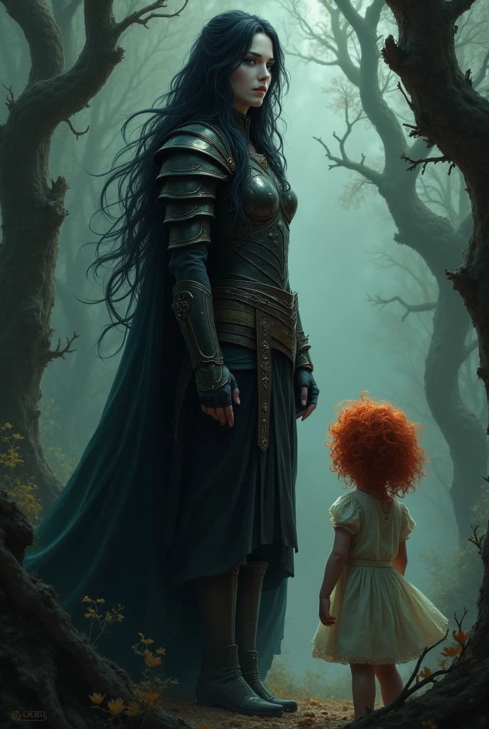 In a dark forest, A warrior woman, with very long black hair and white skin. Behind her, there is a , with curly red hair and white skin.
