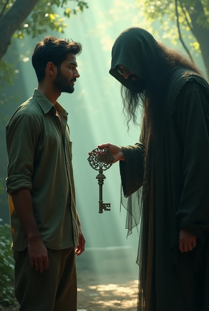 In the early morning light, Kishan walks toward the spot where he first met the mysterious man. The man stands waiting, his face partially obscured by shadows, holding a small, ancient-looking key in his hand. Kishan reaches out to accept the key, his expression a mix of resolve and uncertainty."