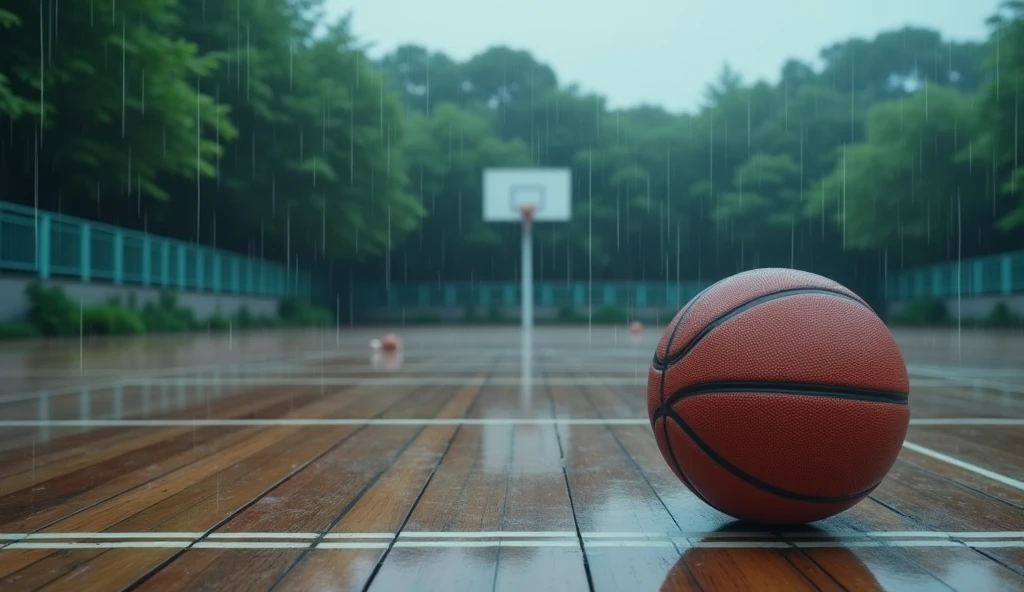 a Japanese outdoor school basketball court. the floor is wooden, the court is empty without any people; there is one basketball ball and a laptop on the floor, basketball ball correct size, masterpiece, super detailed, raining, image taken from up, anime art