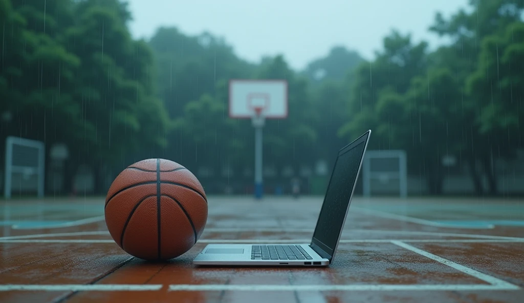 a Japanese outdoor school basketball court. the floor is wooden, the court is empty without any people; there is  one basketball ball and a laptop on the floor, basketball ball correct size, masterpiece, super detailed, raining, image taken from up, anime art