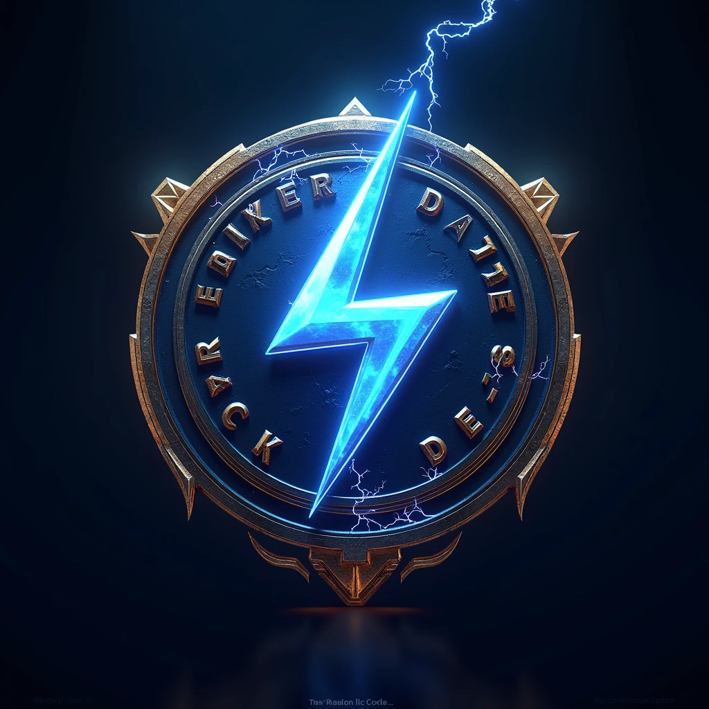 Cryptocurrency With the Name "ROCK OR DIE" and lightning in the middle in blue and gold colors Add the name dex Raiden in the image Add a large lightning bolt