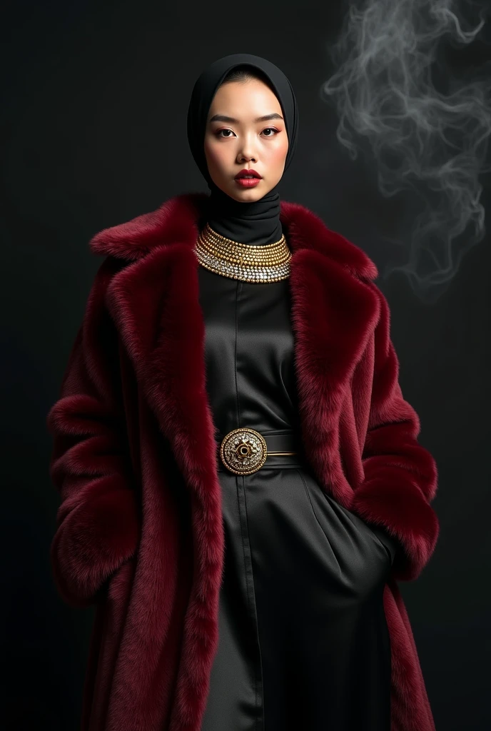 beautiful japanese woman wearing full black hijab and tanned skin, wearing designer maroon fur coat, and loose black satin turtle neck dress, Luxurious gold belt with jewels, thick eyebrows, photorealistic, masterpiece, moncle, open coat, pouting lips, pouting, blank black background with smoke and good lighting, carrying big sanca wrapped around her arms and neck with gold collar