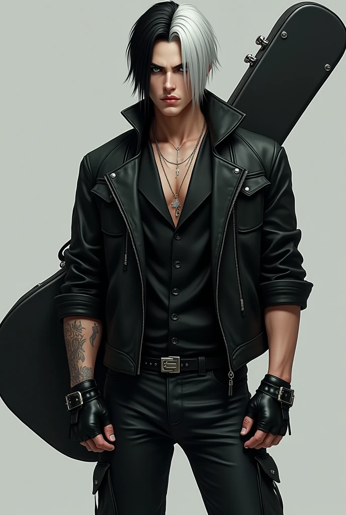 A man with straight black hair with white streaks, gradient haircut, green eyes, he wears a black vest under a black jacket with sleeves, He wears black gloves on his hands, A pair of black jeans, wears combat boots, there is a guitar case on the back, 