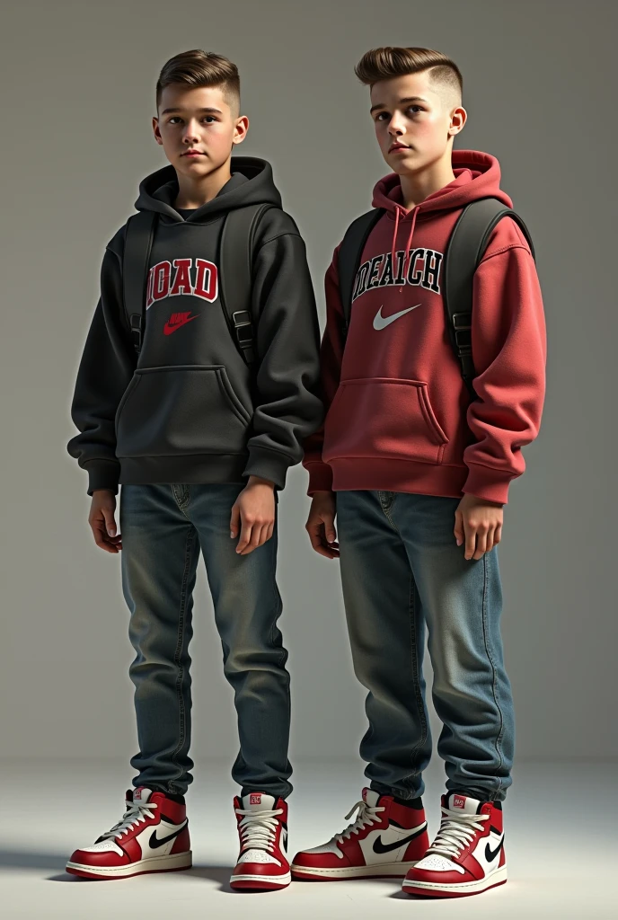 (Photorealism:1.2), Two age boys between 12 and  both wearing Nike Jordans 1. The Jordans should be seen in the picture, be clearly recognizable and original. Both have their hair styled and the sides at zero. Both boys are German