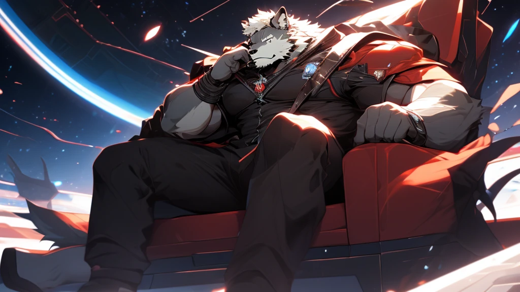 A Picture of A Back of A Very Muscular Gray Wolf. He is in A Space Station. He is wearing a futuristic black and red space suit. He is sleeping on a couch