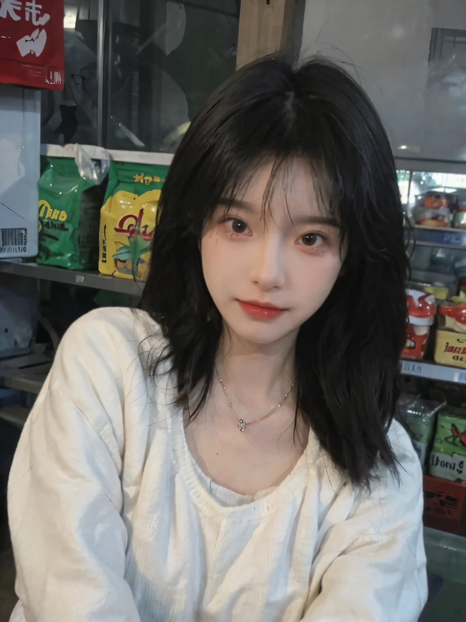Best quality,Ultra-high resolution,(Realism:1.4),cute,cute发夹,girll,Cropped black sweater,Look directly at the audience,Full of atmosphere,Beautiful woman with a slim figure:1.4,supermarket,whole body,Super delicate face,Exquisite eyes,Double eyelids,necklace