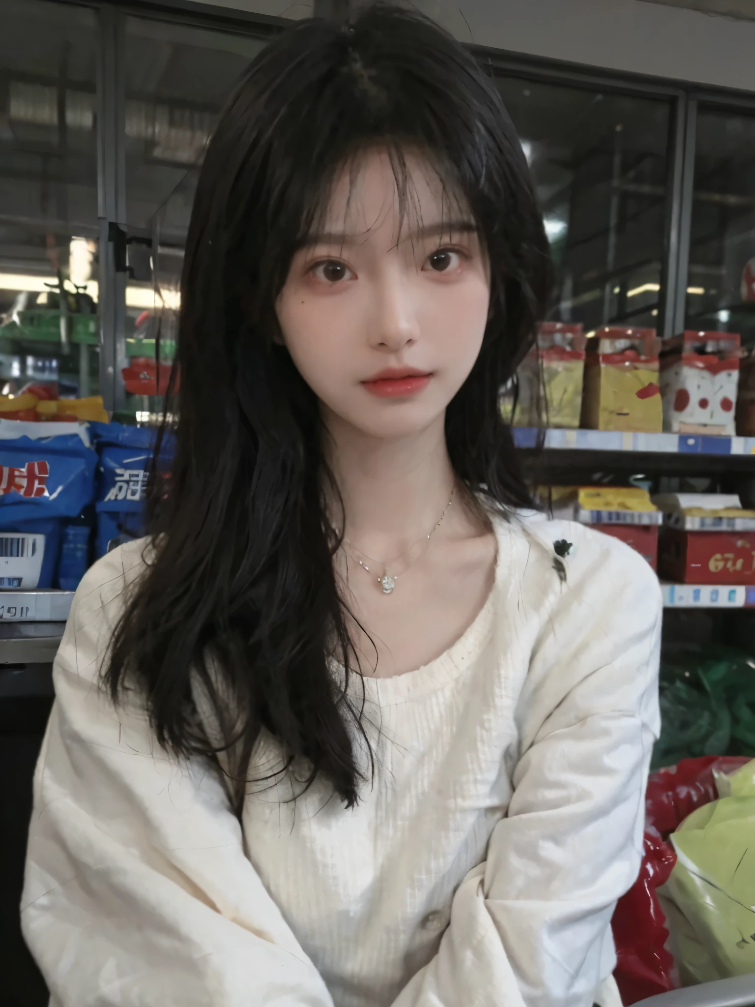 Best quality,Ultra-high resolution,(Realism:1.4),cute,cute发夹,girll,Cropped black sweater,Look directly at the audience,Full of atmosphere,Beautiful woman with a slim figure:1.4,supermarket,whole body,Super delicate face,Exquisite eyes,Double eyelids,necklace
