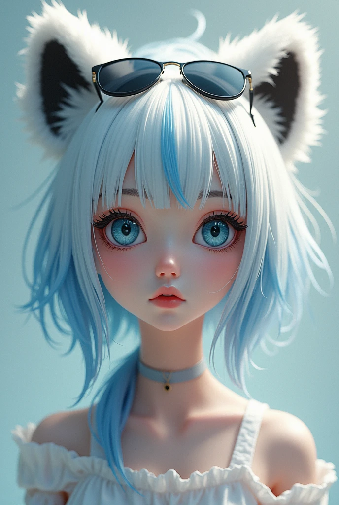 bare, (((head of&#39;artwork, best quality))) ,  (on the side:0.95), shade_lee, Li Dousha, panda_ears, fringe, A solo_Shoulders, bleu_eyes, lunettes_sur_head, hairs_bland_eyes, lsurg_hairs,  des lunettes de soleil, very_lsurg_hairs, 1fille, [white hairs, streaked hairs, bleu hairs],