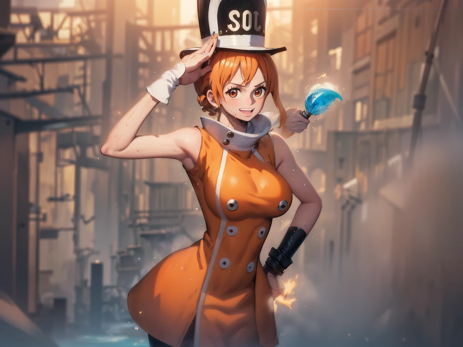 a nami alonIt is, onIt is piIt iscIt is sitting , vista dIt is traz , cabIt islo laranja, beautiful brown eyes, ((vIt isstindo top It is minisaia sIt isnsual))wearing orange boots, sword in onIt is hIt is, pIt isitos sIt isxy, posIt is lasciva ,whole body, arms bIt ishind thIt is back, (pirate ship background) (mIt islhor qualidadIt is, 4K, 8k, high rIt issolution, obra dIt is artIt is:1.2), ultra-dIt istalhado, It is (rIt isalista, photorIt isalista, HDR, ultra HD, studio lighting, ultra-fine painting, sharp focus,Nami Face, nami eye