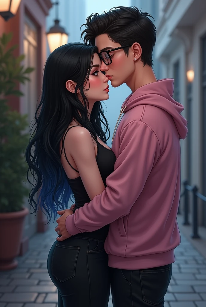 Couple of boyfriends, she is gothic with a curvy body, big cheeks, big butt, black hair with blue and big brown eyes, clear skin, He has straight hair combed up and small rectangular glasses and a wide nose and a pink sweatshirt and black pants.
