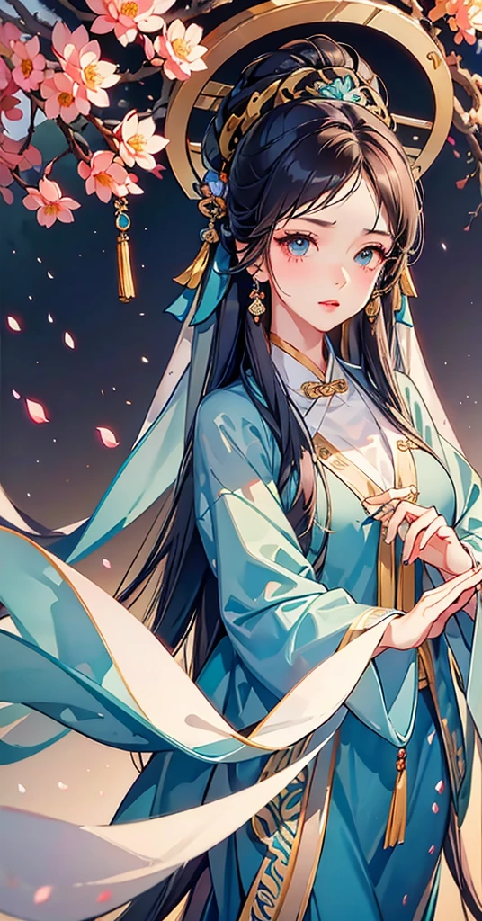 One person, Wear Hanfu, lotus leaves, Highest quality, Master, (Full Body Lesbian:1), expensive, Nice face, hair ornaments, (Mid-breasted: 1.8) (solo:1), View your viewers, lips, Shift dress, Order of healing, Choker Necklace, gem, (Ridiculously long hair: 1.4), Ear Rings, Hanfu, building, East Asian architecture, Hanfu, (Hentai Realism:1.5), Ultra-high resolution, Highest quality, Shameful blush, Hairline, Arms back, (Expressive hair:1.4) ,Perfect Body Proportions,7 shows ,Sword in hand,White long skirt,daughter,Dagger in hand,(Very delicate and beautiful work),Best image quality,masterpiece,Cherry Blossom Rain,Cherry tree,Petals falling,The face is clear,(Exquisite facial features),Unparalleled beauty,Beautiful teenage girl,Brown-eyed,The highlights are obvious,完成度がexpensive,The details are endless,gemのような目,Blush Lash,Beautiful Face,Facial Makeup,Putting on makeup,(Very nice CG),Black curly hair,Silver White Veil,Best image quality,Ancient Chinese Clothing,Dunhuang costume,Large bouquet,