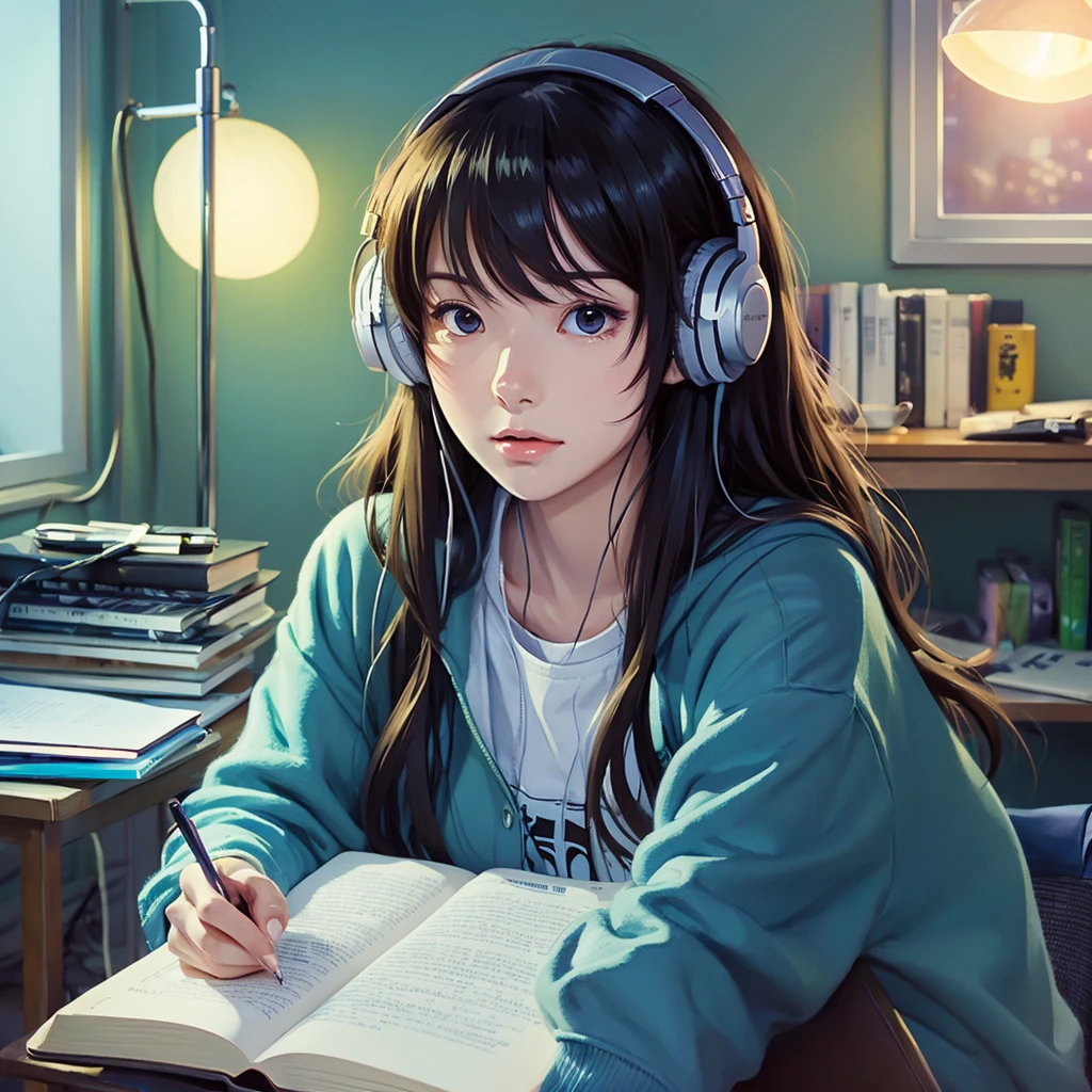 high resolution、beautiful girl、１people、anime、An illustration、headphone、Barely、night、Room、Focus on your studies！、The eyes are on the notebook！、窓からnight空が見えるよ！、Serious expression
