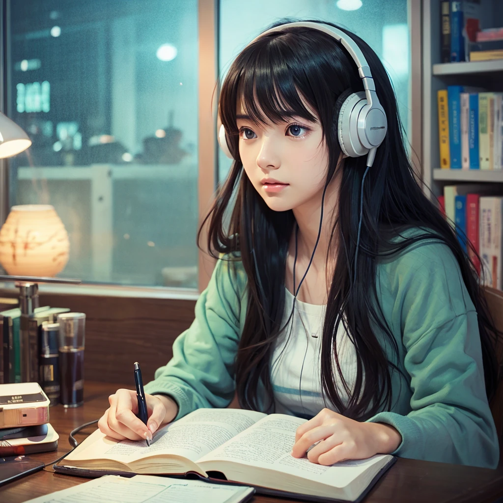 high resolution、beautiful girl、1people、anime、An illustration、headphone、Barely、night、Room、Focus on your studies!、The eyes are on the notebook!、窓からnight空が見えるよ!、Serious expression