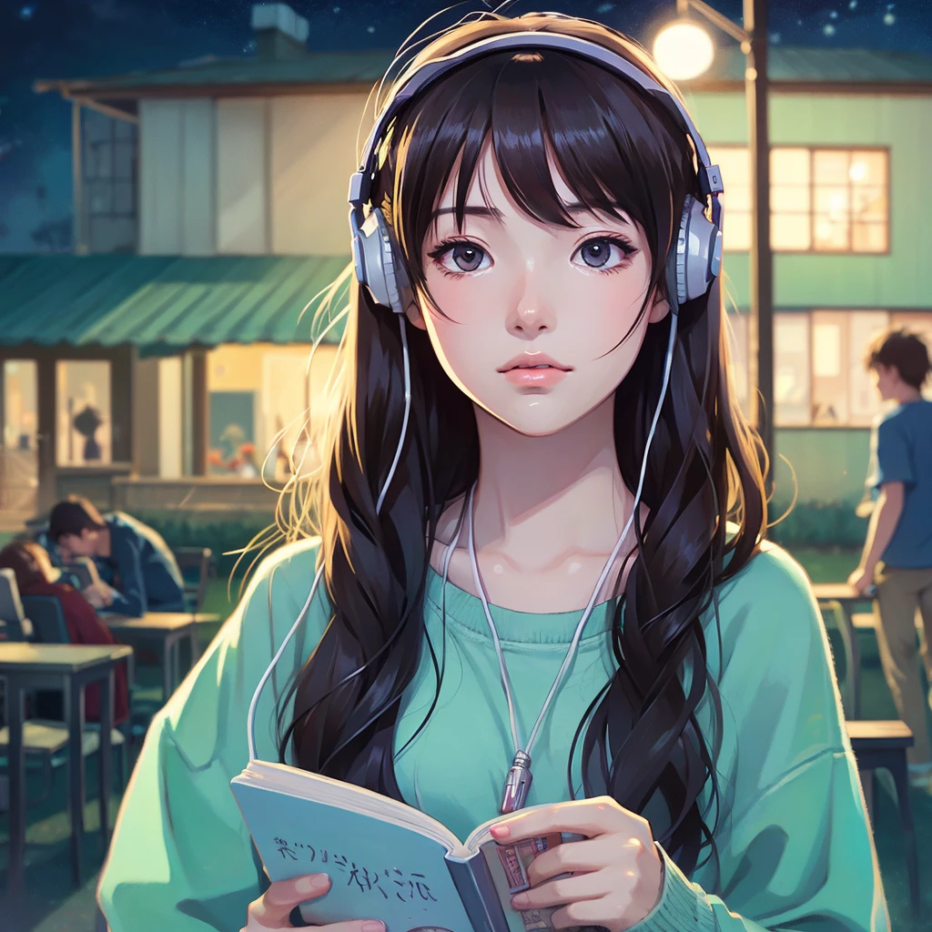 high resolution、beautiful girl、1people、anime、An illustration、headphone、Barely、night、Room、Focus on your studies!、The eyes are on the notebook!、窓からnight空が見えるよ!、Serious expression