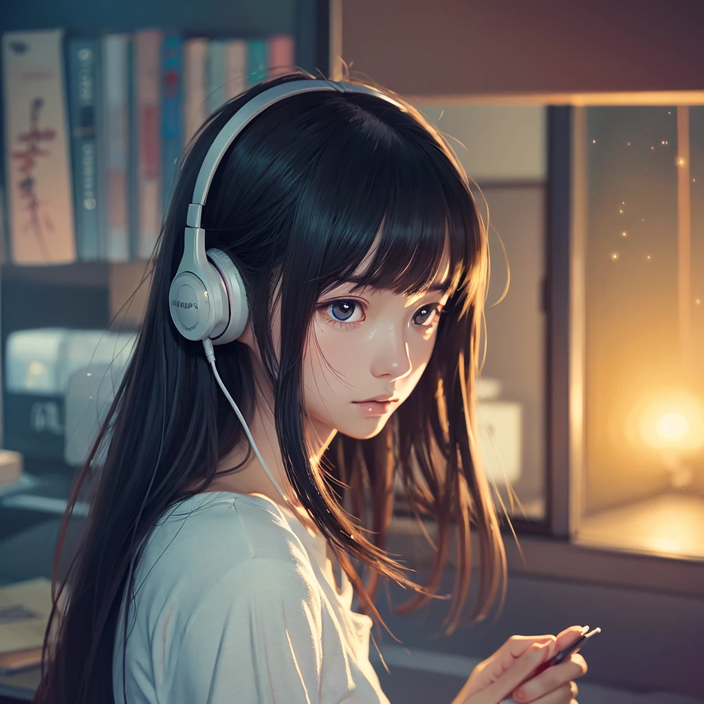 high resolution、beautiful girl、１people、anime、An illustration、headphone、Barely、night、Room、Focus on your studies！、The eyes are on the notebook！、窓からnight空が見えるよ！、Serious expression