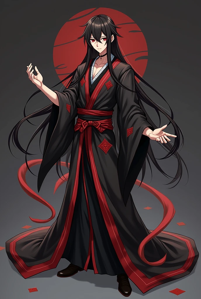 black hair, long hair, Black and red eyes, Black and red robe, fabulous, indifferent, man, red strands in hair, ahoge, hair over shoulder, Very long hair, asymmetrical bangs, hair down, Crazy eyes, Devil's Eyes, inexpressive, robe, character chart, Tachi-e, panorama, Genshin strike style, super detail