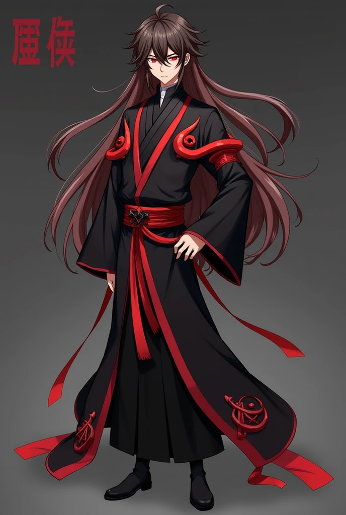 black hair, long hair, Black and red eyes, Black and red robe, fabulous, indifferent, man, red strands in hair, ahoge, hair over shoulder, Very long hair, asymmetrical bangs, hair down, Crazy eyes, Devil's Eyes, inexpressive, robe, character chart, Tachi-e, panorama, Genshin strike style, super detail