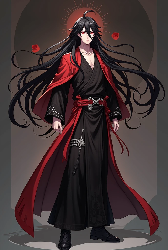 black hair, long hair, Black and red eyes, Black and red robe, fabulous, indifferent, man, red strands in hair, ahoge, hair over shoulder, Very long hair, asymmetrical bangs, hair down, Crazy eyes, Devil's Eyes, inexpressive, robe, character chart, Tachi-e, panorama, Genshin strike style, super detail