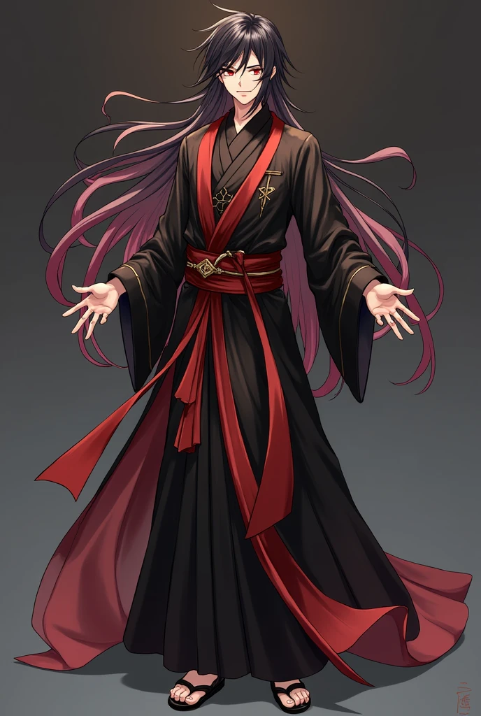 black hair, long hair, Black and red eyes, Black and red robe, fabulous, indifferent, man, red strands in hair, ahoge, hair over shoulder, Very long hair, asymmetrical bangs, hair down, Crazy eyes, Devil's Eyes, inexpressive, robe, character chart, Tachi-e, panorama, Genshin strike style, super detail