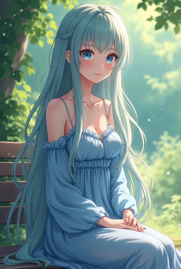 Anime girl with long hair sitting on a bench in a blue dress generative ai