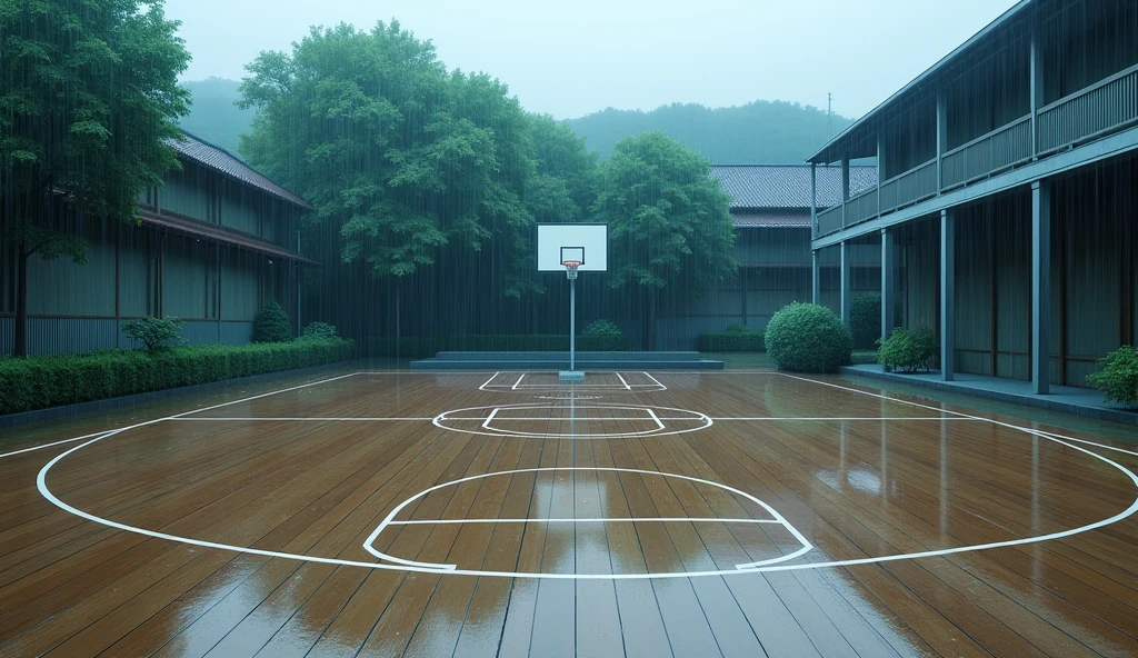 a Japanese outdoor school basketball court. the floor is wooden, the court is empty without any people; raining, masterpiece, super detailed. image taken from up, anime art