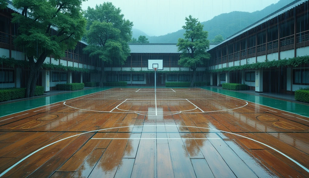 a Japanese outdoor school basketball court. the floor is wooden, the court is empty without any people; raining,  masterpiece, super detailed. image taken from up, anime art