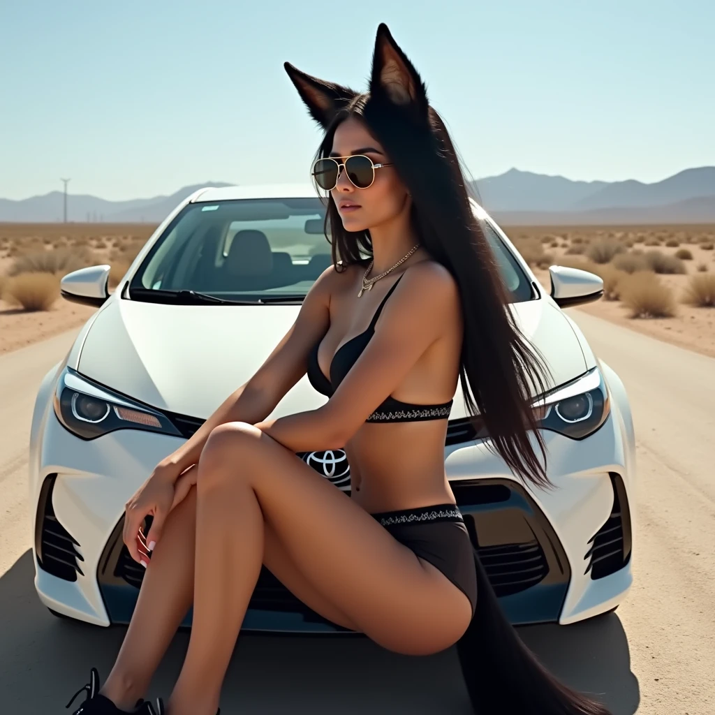 Nude brunette woman, Two tails of black hair, huge breasts without a shirt, Athletic legs, fox ears, adidas fox tail shorts black, Black transparent bra, aviator sunglasses, Adidas shoes, Sitting in a white 2016 Toyota Corolla car in the middle of the desert road