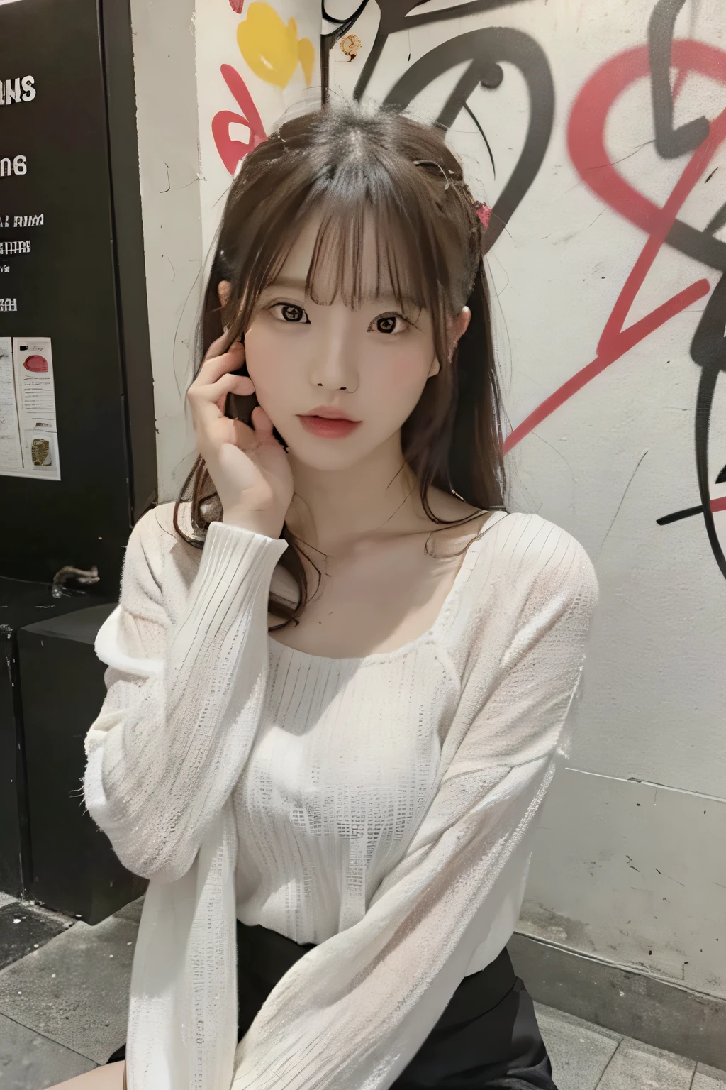 A photo of an Asian woman sitting in front of the menu at a cafe. She has long black hair with bangs and is wearing white shorts with a beige top that has zippers on the sleeves. She is holding one hand behind her head while smoking a cigarette, with a colorful graffiti wall in the background.