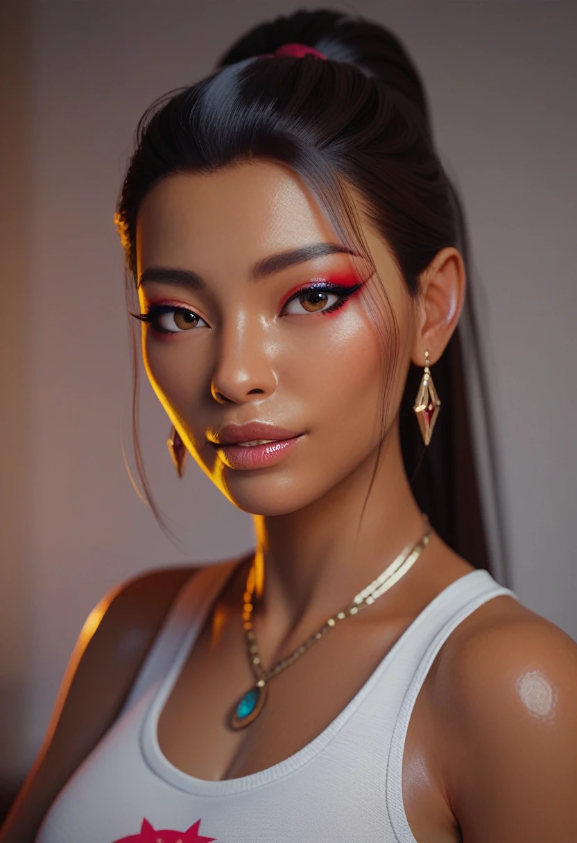 (masterpiece) (best quality) (detailed) (8k) (sharp focus), 1 female cowboy, Asian face, makeup, dark skin