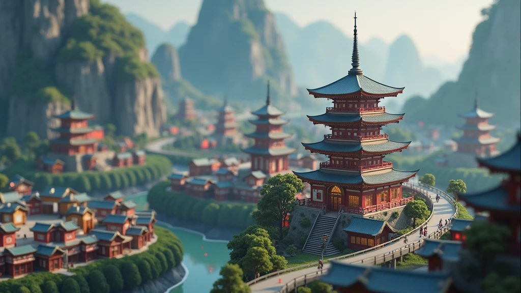 There are many houses winding and stretching, 3D rendering style, Cyberpunk Japanese Temple, Anime Landscape Concept Art, Draw as game concept art, Japanese 3D 8K Ultra Detailed, Stylized 3d rendering, Japanese house, Japanese art style, Pagoda Figures, 3D rendering of beeple, stylized concept art 