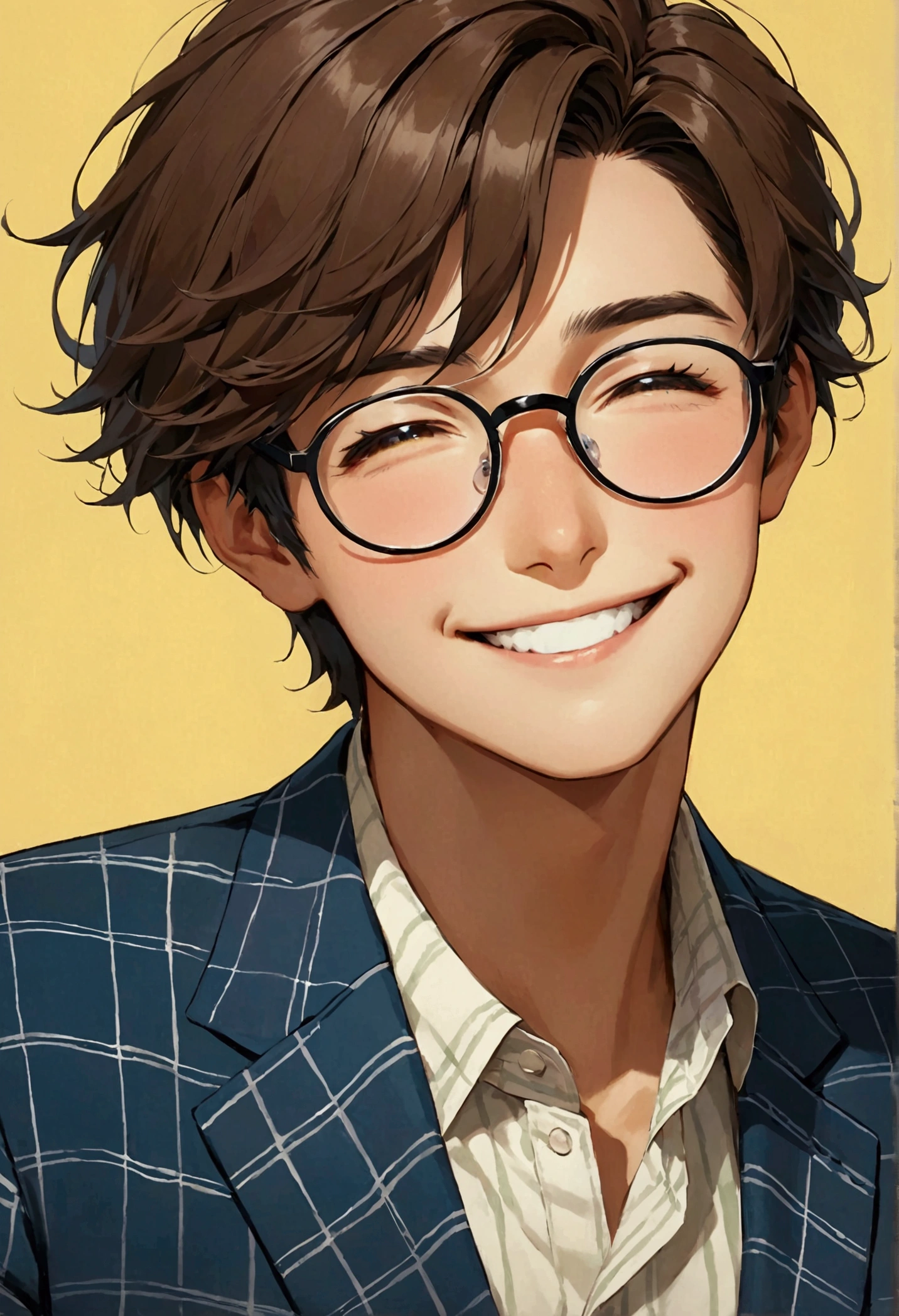 ＃Uncle Ike　＃３６age　＃The face is facing directly to the left　＃refreshingな満面のやさしい笑顔　＃Looking slightly out of the corner of my eye　＃Hairstyle(a little brown hair、Short Hair、refreshing)　＃A cool blue checked suit　＃The background is warm　＃Black-rimmed glasses(The frame is fine)　＃The shirt is black　＃Modest but genuinely happy、Happy smile