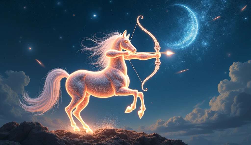 A dynamic starry scene with a centaur archer made of starlight, aiming an arrow at a distant constellation. The Sagittarius constellation arcs overhead, surrounded by shooting stars and cosmic dust.