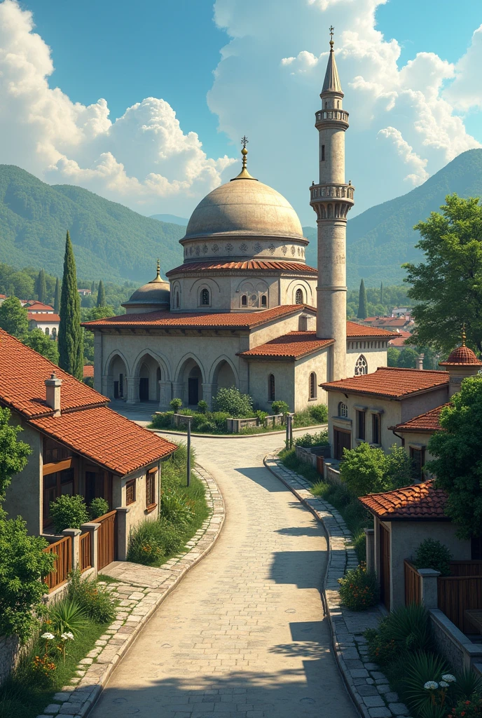 Describe the residential setting where there is a road and a mosque