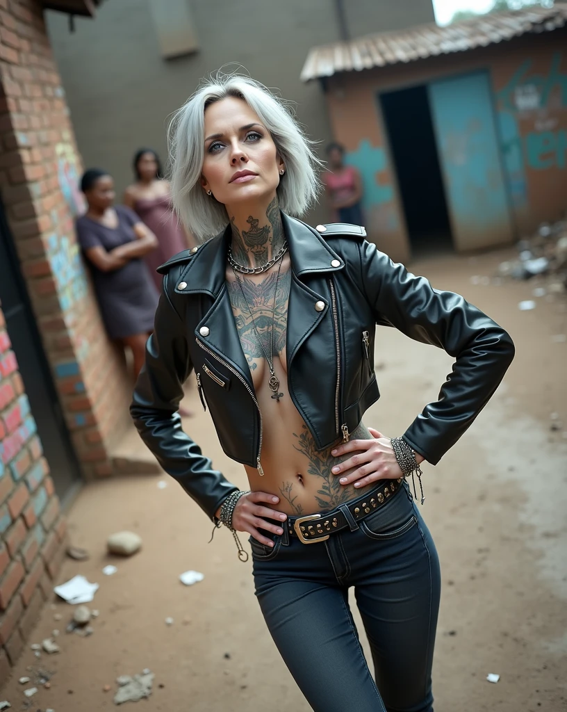 russian milf woman, grey  hair (straight, middle part), with very light blue eyes, extremely pale skin. All neck tattooed. All stomach tattoed. All hands tattooed.Wearing cropped aged black moto jacket with lots of zippers and pins, flipped up collar.. Dark blue skinny  jeans.. wide black studded belt. Leaning back on a graffitied brick wall  with hands on her hips, looking up, chin up, stretching her neck , humble facial expression.. Listening with tilted head, looking up to somebody more clever  speaking to her from the sky, upper teeth visible. Well toned abdominals, thin neck, slim legs and thin arms. Narrow hips. Dirt street in Kenyan village full of waste. Lots of silver bracelets. Right behind her, a lot of tanned fat women  in traditional dresses around looking down at her