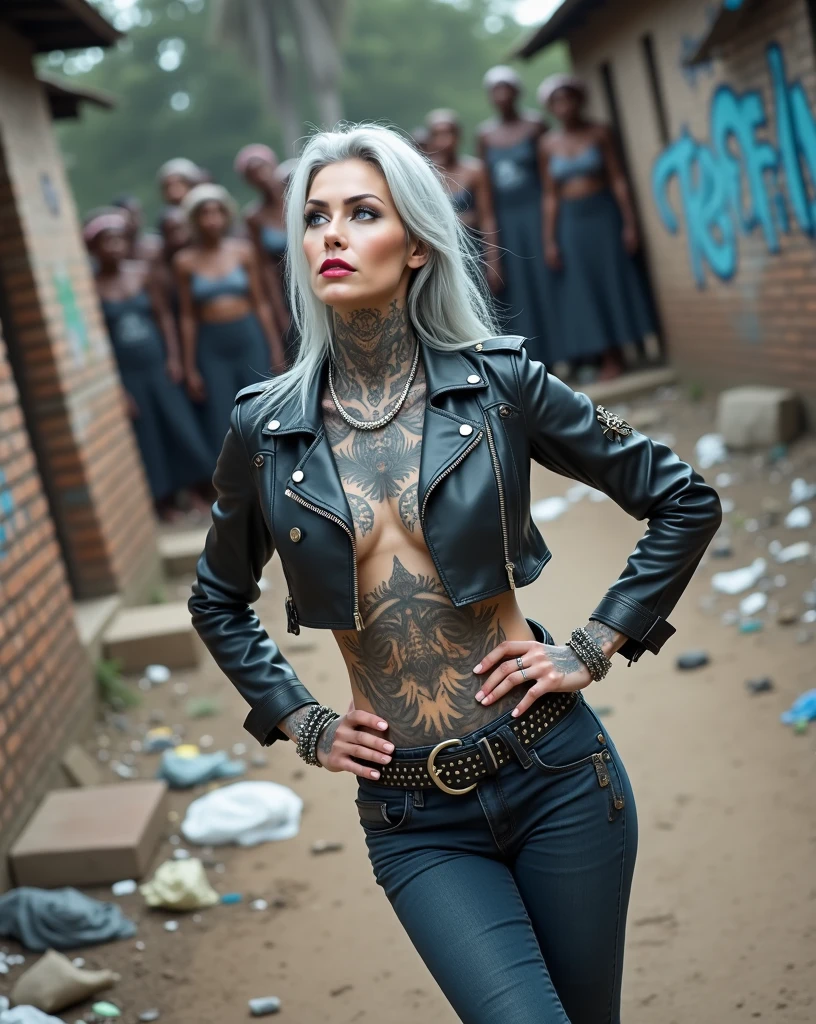 russian milf woman, grey hair (straight, middle part), with very light blue eyes, extremely pale skin. All neck tattooed. All stomach tattoed. All hands tattooed.Wearing cropped aged black moto jacket with lots of zippers and pins, flipped up collar.. Dark blue skinny jeans.. wide black studded belt. Leaning back on a graffitied brick wall with hands on her hips, looking up, chin up, stretching her neck , humble facial expression.. Listening with tilted head, looking up to somebody more clever speaking to her from the sky, upper teeth visible. Well toned abdominals, thin neck, slim legs and thin arms. Narrow hips. Dirt street in Kenyan village full of waste. Lots of silver bracelets. Right behind her, a lot of tanned fat women in traditional dresses around looking down at her