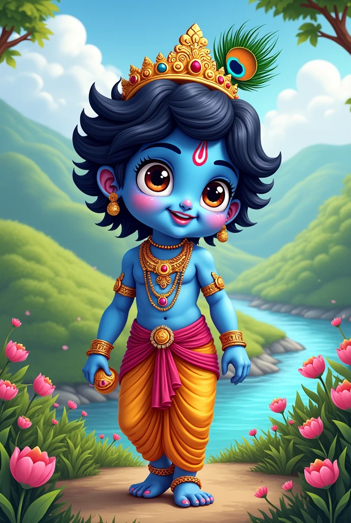 Cartoon god Krishna with cav