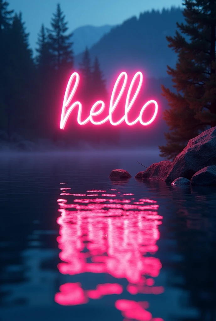 A Text of "HELLO " glowing neon text, lake, clear reflection in water, dramatic lighting, photorealistic, highly detailed, 8k, HDR, studio lighting, physically-based rendering, vibrant colors, hyper-realistic, cinematic, moody atmosphere, dramatic shadows, volumetric lighting, depth of field, crystal clear details