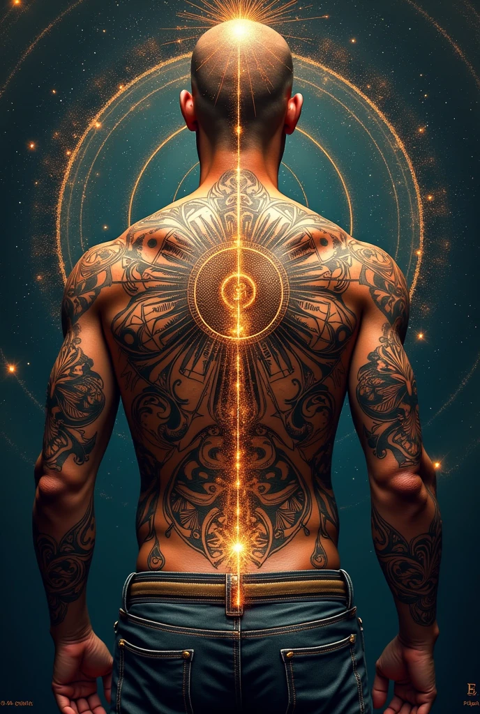 Develop a powerful tattoo that can attract geometrical energy and vibrational energy for men for my back include all the elements and charas in it
Include the unified field make it more bigger and in detail for tattoo artist to see