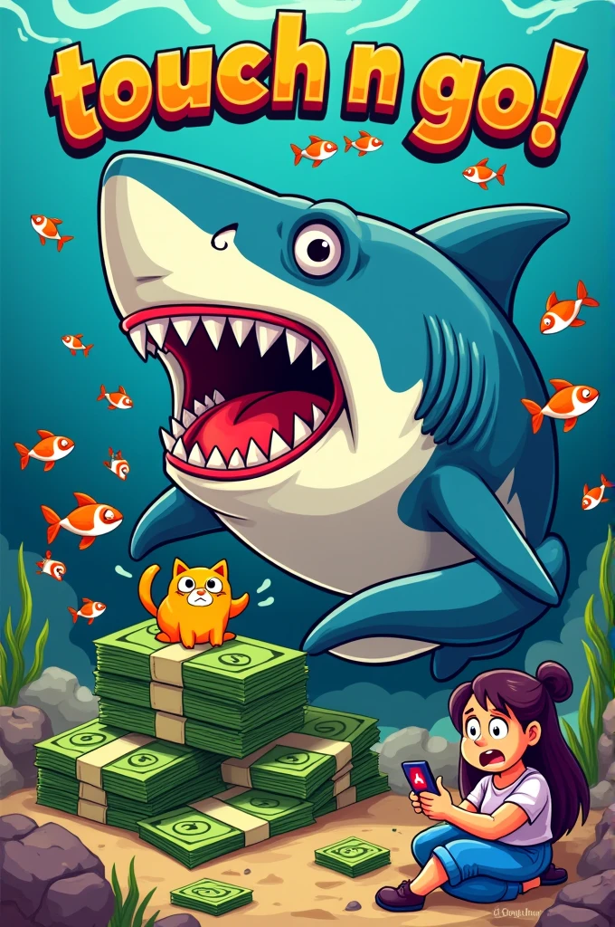 Create a dynamic and colorful poster featuring a cartoon-style shark biting into a stack of money, surrounded by smaller fish to symbolize wealth and opportunities. The main text at the top should read 'Touch n Go!' in a retro, energetic font. Add the phrase 'Money Packet U Padu, 2024' below the shark. Incorporate a secondary image in the design: a worried woman with a cat on her lap, looking at her phone with a red exclamation mark notification. Place this image in a way that it integrates smoothly into the overall design, possibly in a corner or as a sidebar, adding a sense of urgency and connection to the main theme."
