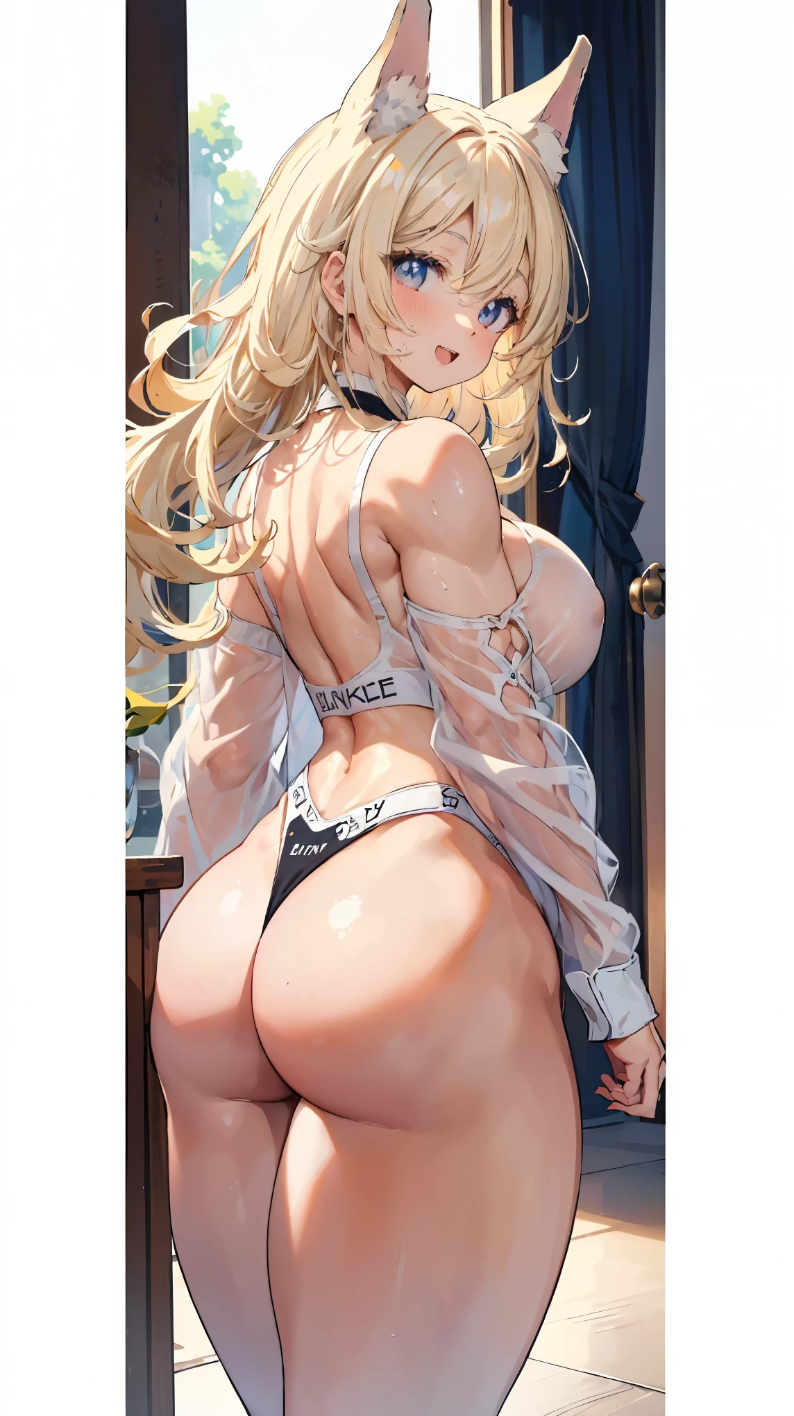 Very detailed、Highest quality、Best image quality、masterpiece、8K pixels、Anime Face、A kind smile、Open Mouth、Blonde curly hair、(((Rear View)))、Cowboy Shot、Wear a thong、(Big eyes)、(Beautiful and shining eyes)、(Detailed anime eyes)、(Puffy eyes)、